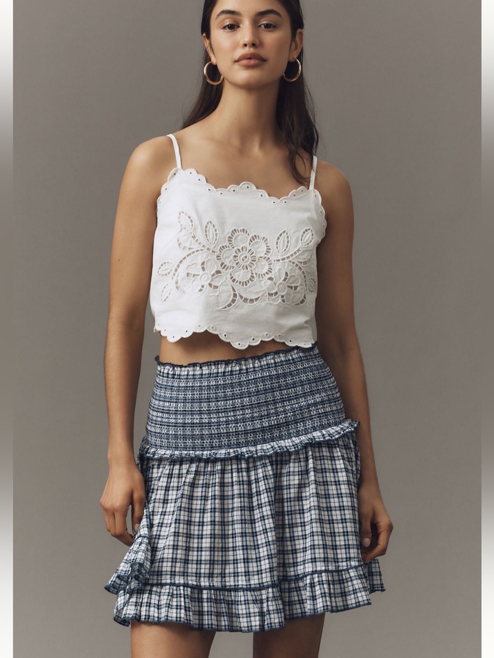 Anthropologie Navy and White Smocked Plaid Ruffle Mini Skirt
